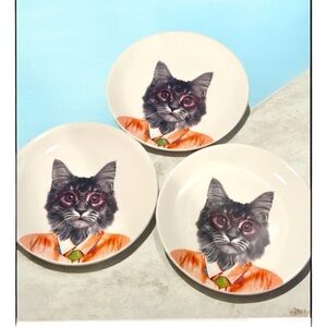 Set of 3 Cat Portrait Ceramic Plates Wild Dining